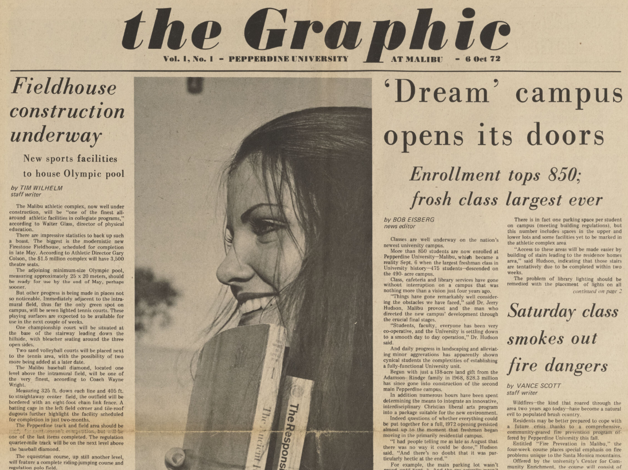 The front page of The Graphic's first issue from the Malibu campus in October 1972.