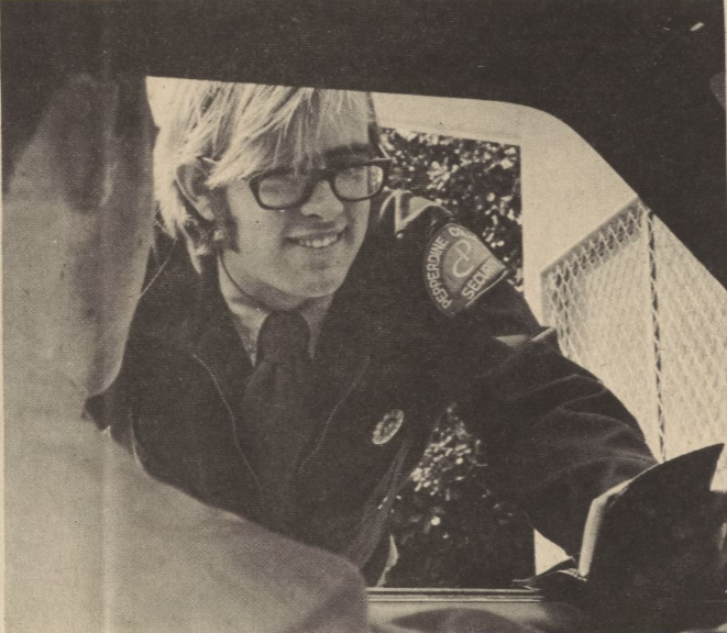 Student security officer Randy Hodges works at the new guard booth on the LA campus in April 1972.